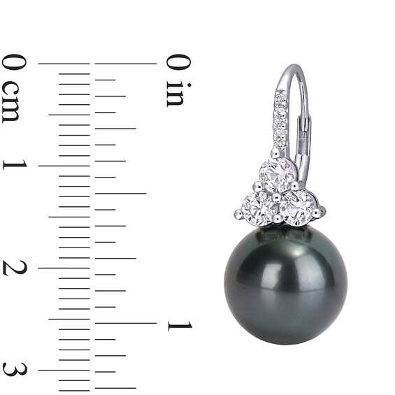 Black Cultured Tahitian Pearl, Black Cultured Tahitian Pearl, Lab-Created White Sapphire and 1/20 CT. T.W. Diamond Drop Earrings in 10K White Gold