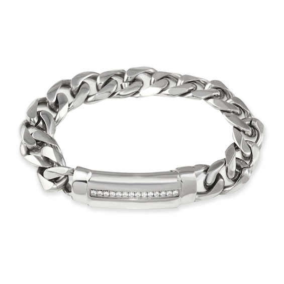 Men's 1/6 CT. T.W. Diamond Row ID Curb Chain Bracelet in Stainless