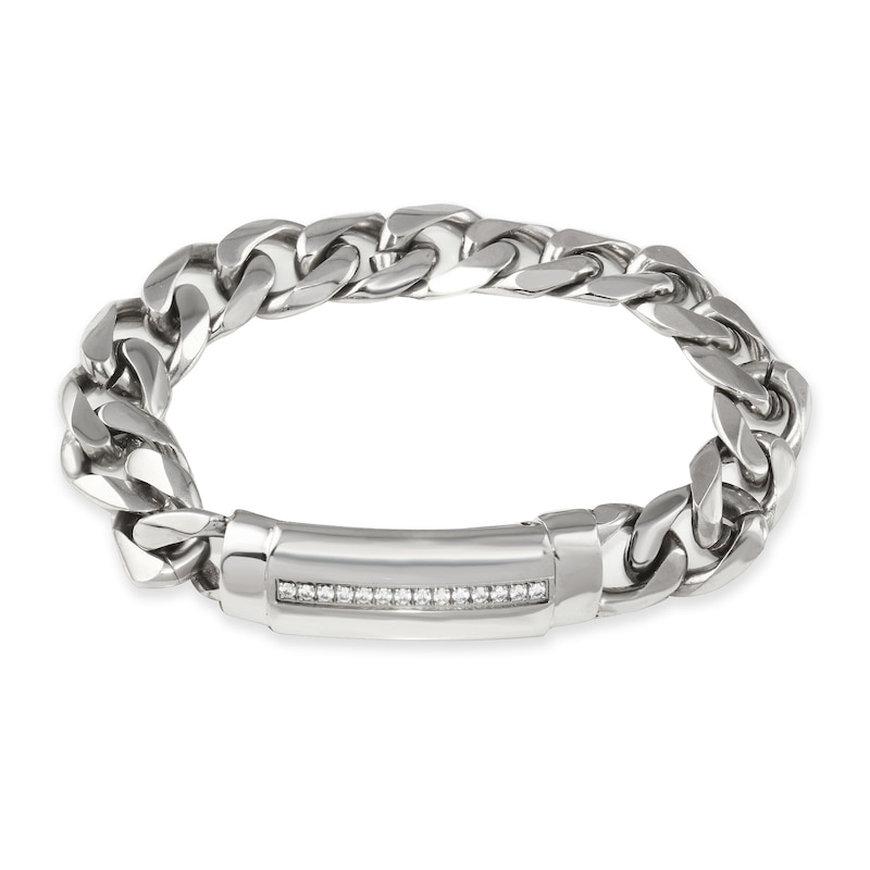 Men's 1/6 CT. T.W. Diamond Row ID Curb Chain Bracelet in Stainless Steel - 8.5"