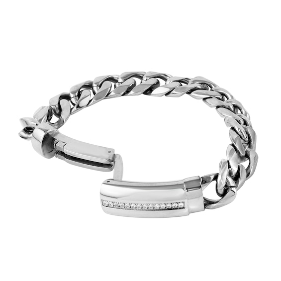 1/6 CT. T.w. Diamond Row ID Curb Chain Bracelet in Stainless Steel - 8.5"
