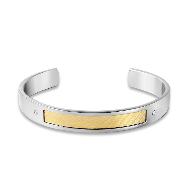 Men's 1/20 CT. T.W. Diamond Woven Texture Inlay Cuff in Stainless Steel and 18K Gold - 7.5"