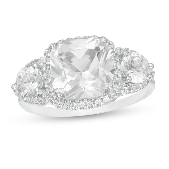 9.0mm Cushion-Cut Lab-Created White Sapphire Frame Three Stone Ring in Sterling Silver 9.0mm Cushion-Cut Lab-Created White Sapphire Frame Three Stone Ring in Sterling Silver