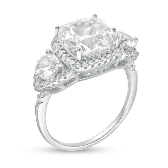 9.0mm Cushion-Cut Lab-Created White Sapphire Frame Three Stone Ring in Sterling Silver 9.0mm Cushion-Cut Lab-Created White Sapphire Frame Three Stone Ring in Sterling Silver