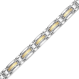 Three Row Textured Inlay Link Bracelet in Stainless Steel and 14K Gold - 8.5"
