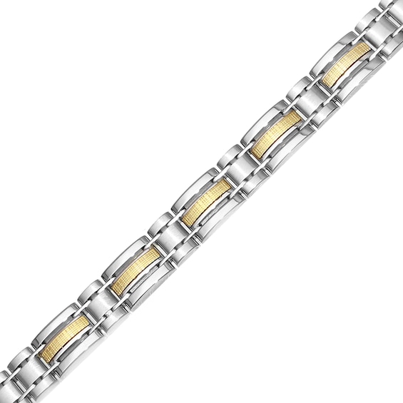 Three Row Textured Inlay Link Bracelet in Stainless Steel and 14K Gold - 8.5"