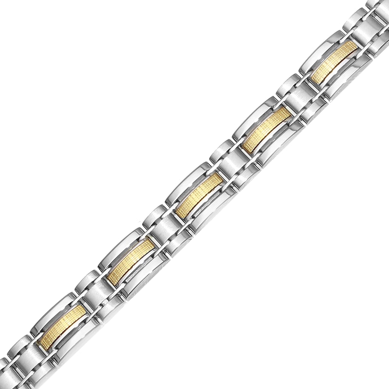Main Image 1 of Three Row Textured Inlay Link Bracelet in Stainless Steel and 14K Gold - 8.5"
