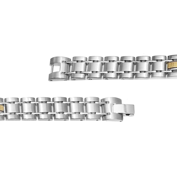 Three Row Textured Inlay Link Bracelet in Stainless Steel and 14K Gold - 8.5"