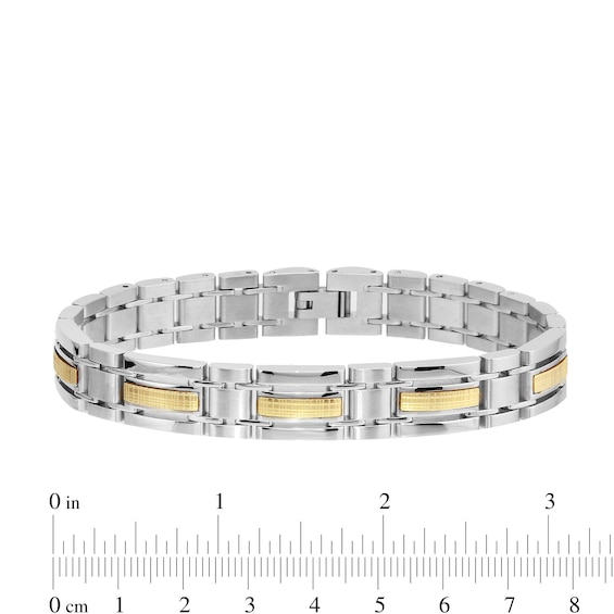 Three Row Textured Inlay Link Bracelet in Stainless Steel and 14K Gold - 8.5"