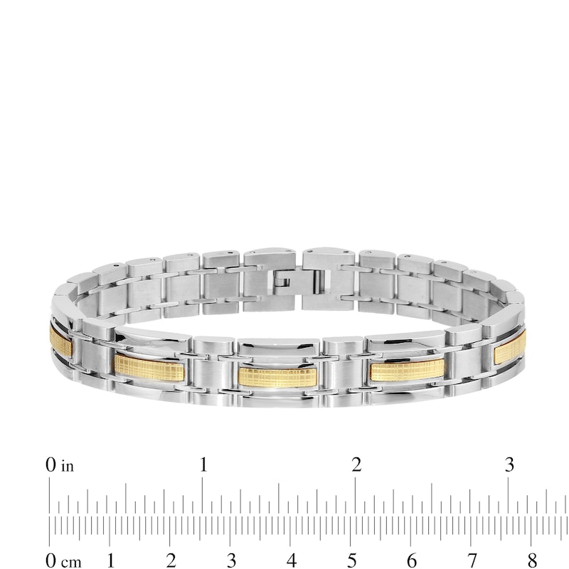Main Image 4 of Three Row Textured Inlay Link Bracelet in Stainless Steel and 14K Gold - 8.5"