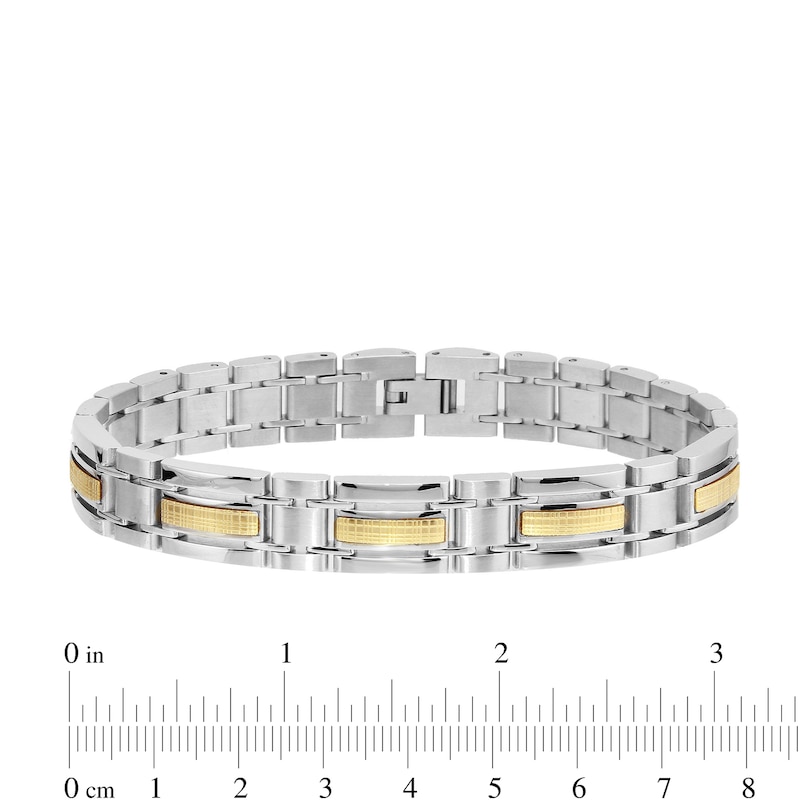 Men's Three Row Textured Inlay Link Bracelet in Stainless Steel and 14K Gold - 8.5"