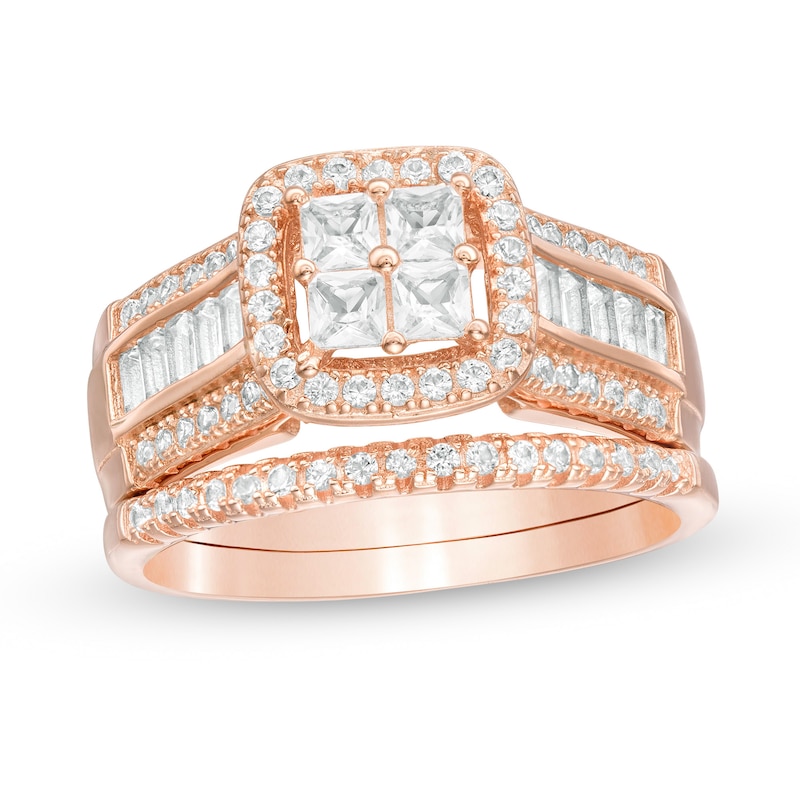 Princess-Cut Quad Lab-Created White Sapphire Frame Bridal Set in Sterling Silver with 14K Rose Gold Plate