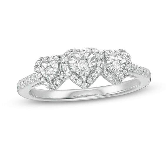 1/8 CT. T.w. Diamond Three Stone Heart Frame Promise Ring in Sterling Silver