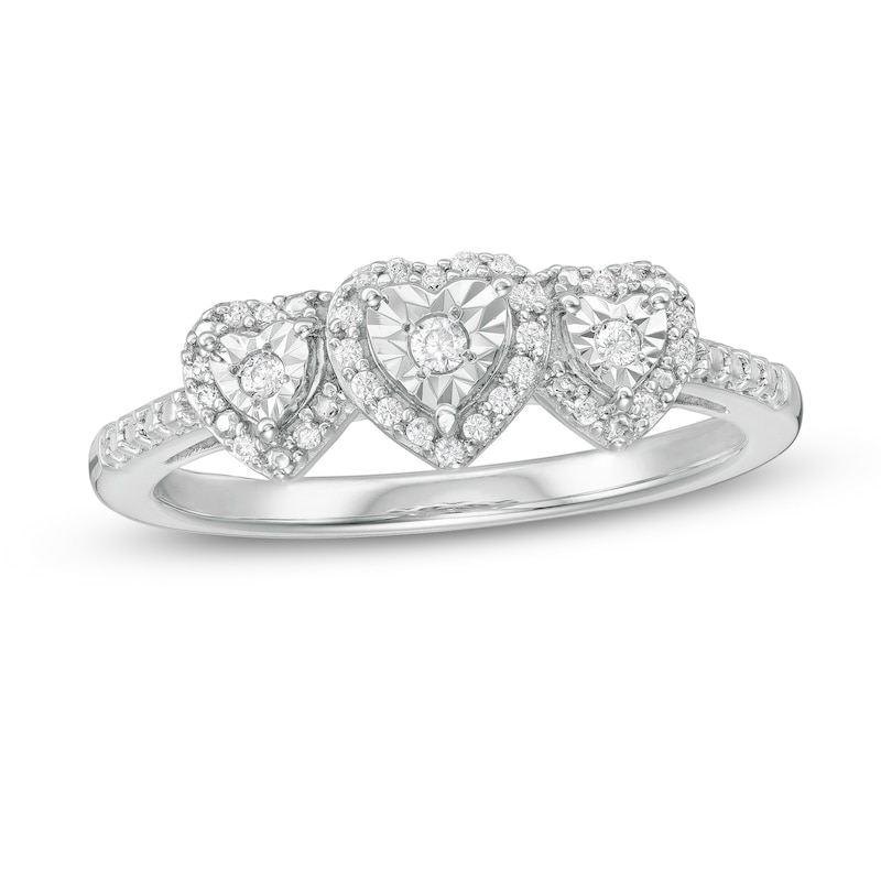 Main Image 1 of 1/8 CT. T.W. Diamond Three Stone Heart Frame Promise Ring in Sterling Silver