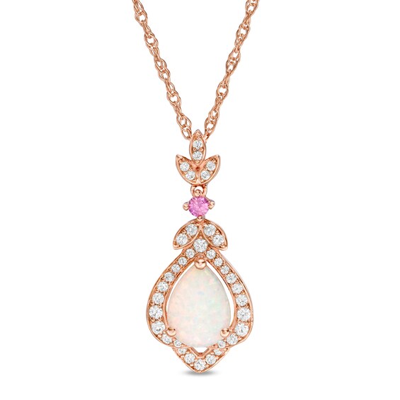 Pear-Shaped Lab-Created Opal, Pink and White Sapphire Lotus Drop Pendant in Sterling Silver with 14K Rose Gold Plate Pear-Shaped Lab-Created Opal, Pink and White Sapphire Lotus Drop Pendant in Sterling Silver with 14K Rose Gold Plate