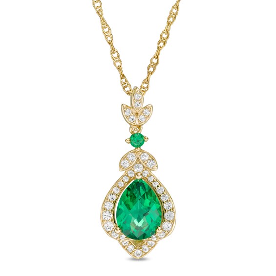 Pear-Shaped Lab-Created Emerald and White Sapphire Lotus Drop Pendant in Sterling Silver with 14K Gold Plate Pear-Shaped Lab-Created Emerald and White Sapphire Lotus Drop Pendant in Sterling Silver with 14K Gold Plate