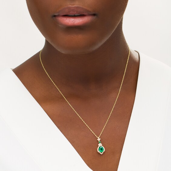 Pear-Shaped Lab-Created Emerald and White Sapphire Lotus Drop Pendant in Sterling Silver with 14K Gold Plate Pear-Shaped Lab-Created Emerald and White Sapphire Lotus Drop Pendant in Sterling Silver with 14K Gold Plate