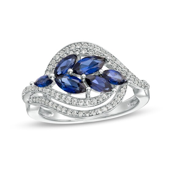 Marquise Lab-Created Blue and White Sapphire Leaf Cluster Double Bypass Frame Ring in Sterling Silver Marquise Lab-Created Blue and White Sapphire Leaf Cluster Double Bypass Frame Ring in Sterling Silver