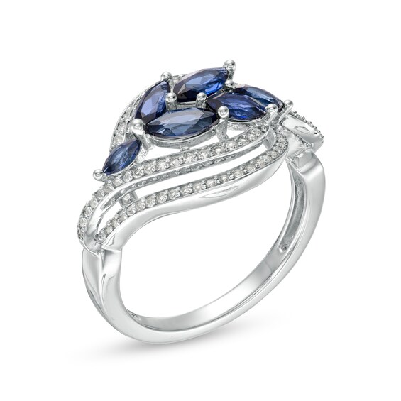 Marquise Lab-Created Blue and White Sapphire Leaf Cluster Double Bypass Frame Ring in Sterling Silver Marquise Lab-Created Blue and White Sapphire Leaf Cluster Double Bypass Frame Ring in Sterling Silver