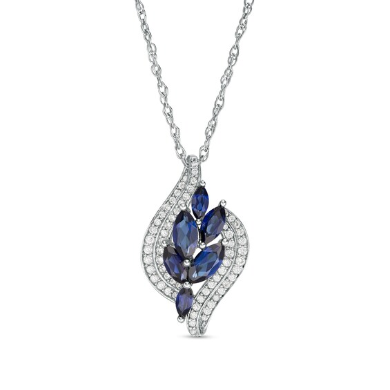 Marquise Lab-Created Blue and White Sapphire Leaf Cluster Double Bypass Frame Pendant in Sterling Silver Marquise Lab-Created Blue and White Sapphire Leaf Cluster Double Bypass Frame Pendant in Sterling Silver
