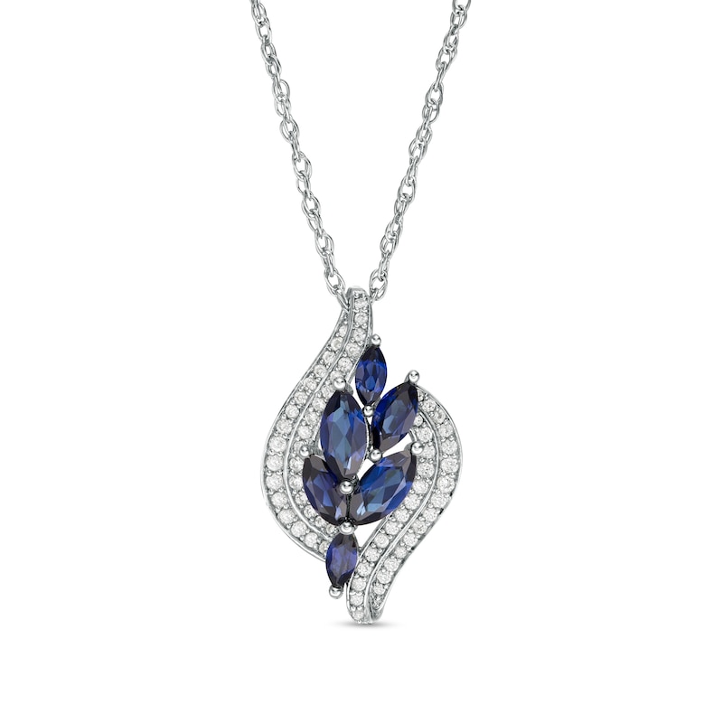 Marquise Lab-Created Blue and White Sapphire Leaf Cluster Double Bypass Frame Pendant in Sterling Silver
