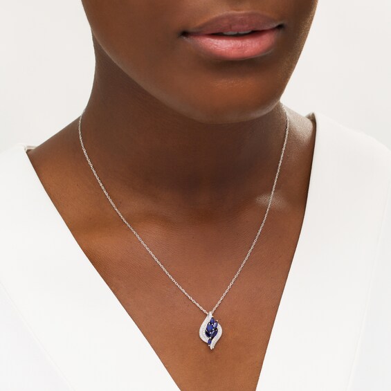 Marquise Lab-Created Blue and White Sapphire Leaf Cluster Double Bypass Frame Pendant in Sterling Silver Marquise Lab-Created Blue and White Sapphire Leaf Cluster Double Bypass Frame Pendant in Sterling Silver