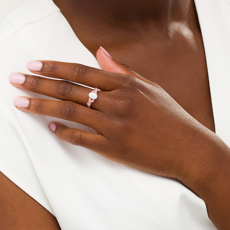 Oval Lab-Created Opal, Pink and White Sapphire Leaf-Sides Bypass Ring in Sterling Silver with 14K Rose Gold Plate