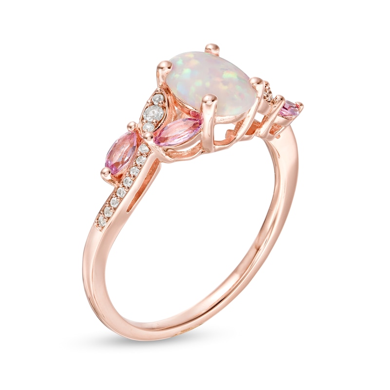 Oval Lab-Created Opal, Pink and White Sapphire Leaf-Sides Bypass Ring in Sterling Silver with 14K Rose Gold Plate