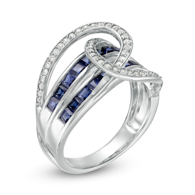 Princess-Cut Lab-Created Blue and White Sapphire Bypass Loop Wave Ring in Sterling Silver
