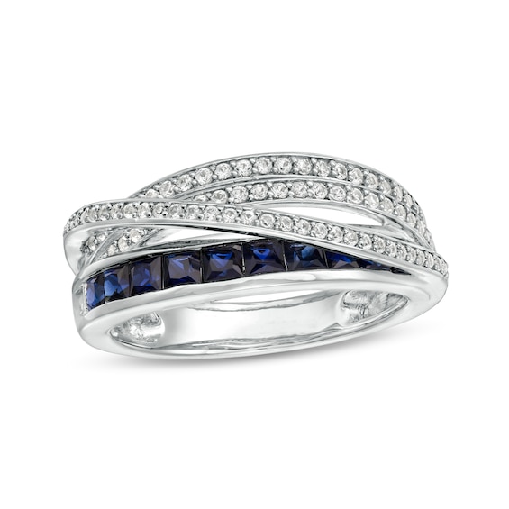 Princess-Cut Lab-Created Blue and White Sapphire Multi-Row Crossover Split Shank Ring in Sterling Silver Princess-Cut Lab-Created Blue and White Sapphire Multi-Row Crossover Split Shank Ring in Sterling Silver