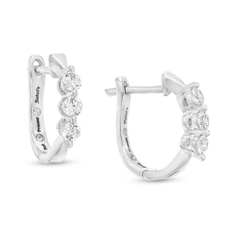 Main Image 1 of 1/2 CT. T.W. Diamond Past Present Future® Hoop Earrings in 10K White Gold