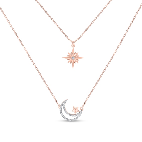 1/15 CT. T.w. Diamond Double Strand Star and Moon Necklace in Sterling Silver with 10K Rose Gold Plate
