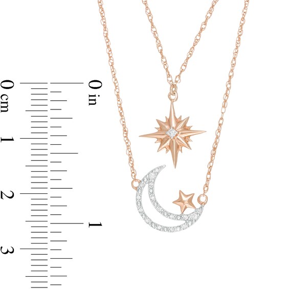 1/15 CT. T.w. Diamond Double Strand Star and Moon Necklace in Sterling Silver with 10K Rose Gold Plate