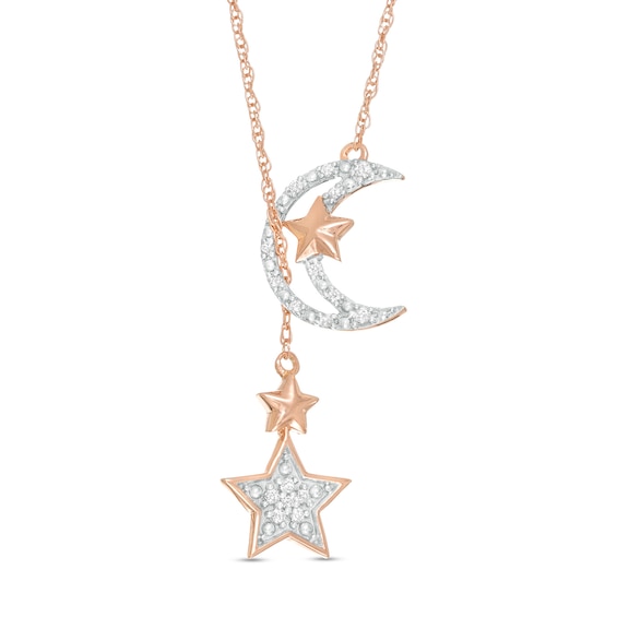 1/15 CT. T.w. Diamond Star and Moon Drop Necklace in Sterling Silver with 10K Rose Gold Plate