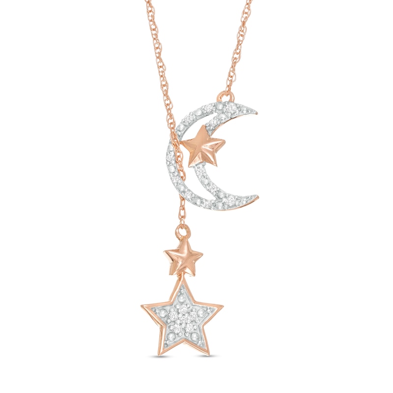 1/15 CT. T.W. Diamond Star and Moon Drop Necklace in Sterling Silver with 10K Rose Gold Plate