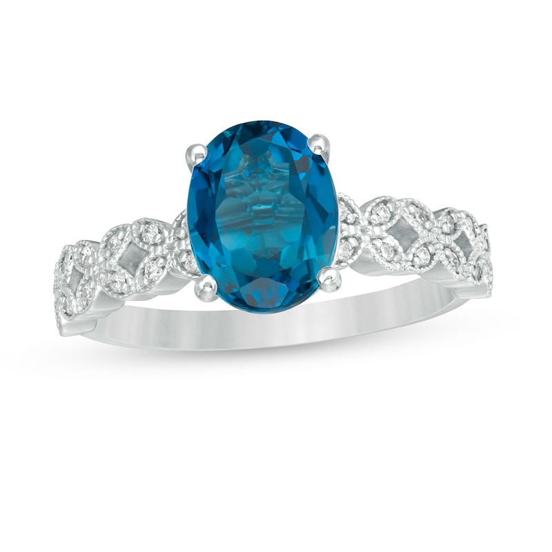 Oval London Blue Topaz and 1/8 CT. T.W. Diamond Vintage-Style Engagement Ring in 14K White Gold