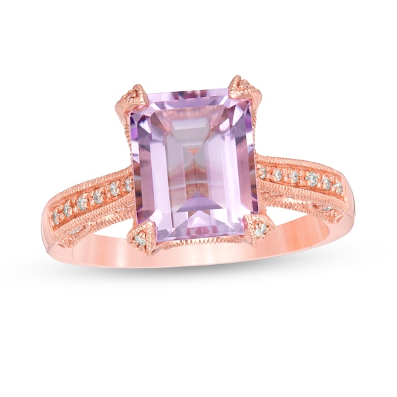 Emerald-Cut Rose de France Amethyst and 1/4 CT. T.w. Diamond Vintage-Style Engagement Ring in 14K Rose Gold