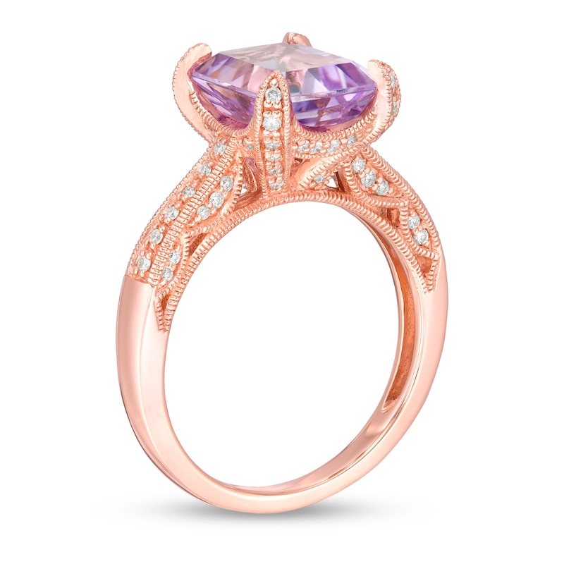 Main Image 3 of Emerald-Cut Rose de France Amethyst and 1/4 CT. T.W. Diamond Vintage-Style Engagement Ring in 14K Rose Gold