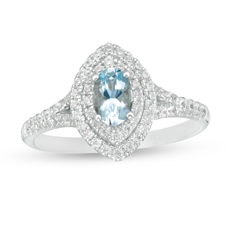 Main Image 1 of Oval Aquamarine and 1/3 CT. T.W. Diamond Double Marquise Frame Engagement Ring in 14K White Gold