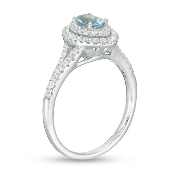 Oval Aquamarine and 1/3 CT. T.w. Diamond Double Marquise Frame Engagement Ring in 14K White Gold