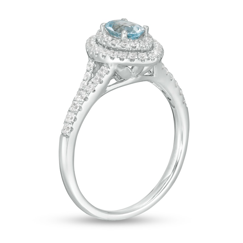 Main Image 3 of Oval Aquamarine and 1/3 CT. T.W. Diamond Double Marquise Frame Engagement Ring in 14K White Gold