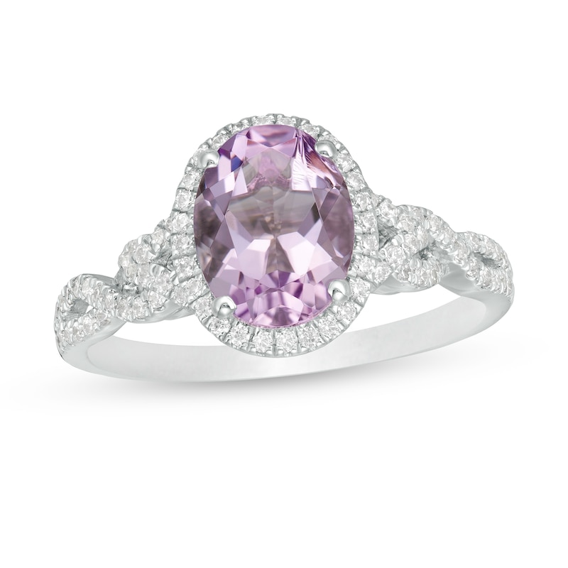 Main Image 1 of Oval Rose de France Amethyst and 1/3 CT. T.W. Diamond Frame Twist Shank Engagement Ring in 14K White Gold