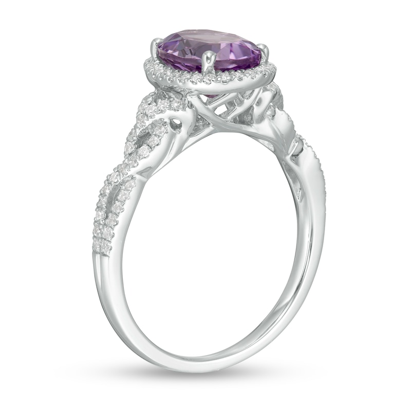 Main Image 3 of Oval Rose de France Amethyst and 1/3 CT. T.W. Diamond Frame Twist Shank Engagement Ring in 14K White Gold