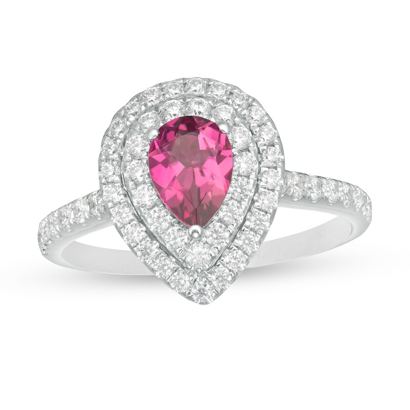 Main Image 1 of Pear-Shaped Tourmaline and 1/2 CT. T.W. Diamond Double Frame Engagement Ring in 14K White Gold