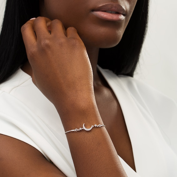 Diamond Accent Crescent Moon and Stars Bolo Bracelet in Sterling Silver - 8.0"