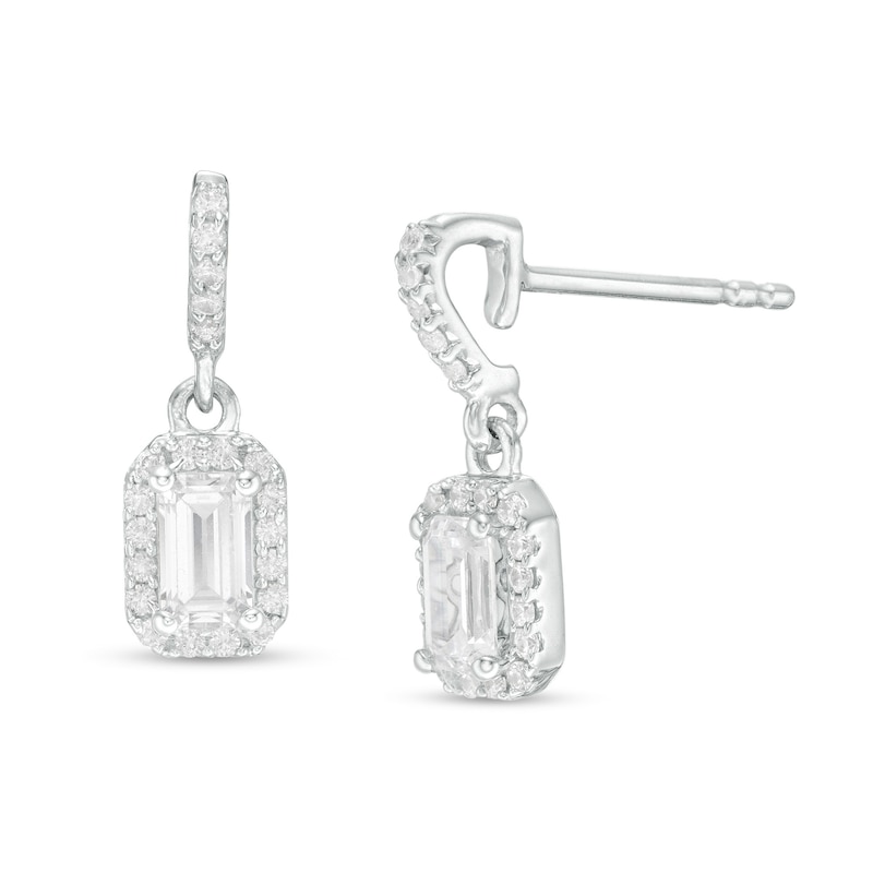 Main Image 1 of 5/8 CT. T.W. Emerald-Cut Diamond Frame Drop Earrings in 14K White Gold