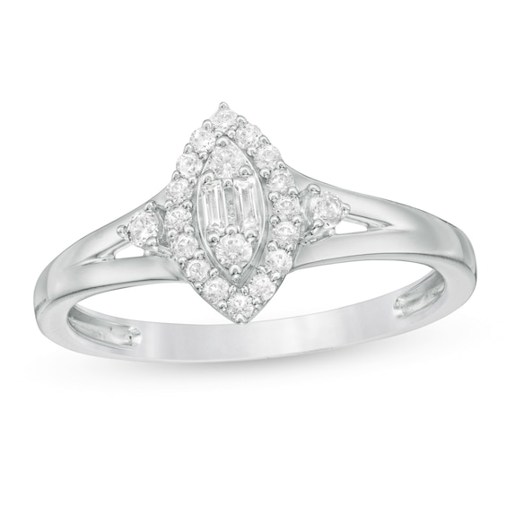 1/4 CT. T.w. Baguette and Round Composite Diamond Marquise Frame Split Shank Ring in 10K White Gold