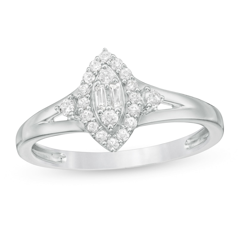 Main Image 1 of 1/4 CT. T.W. Baguette and Round Composite Diamond Marquise Frame Split Shank Ring in 10K White Gold