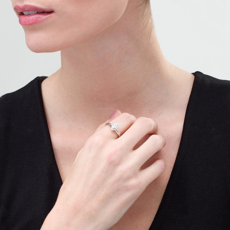 Main Image 2 of 1/4 CT. T.W. Baguette and Round Composite Diamond Marquise Frame Split Shank Ring in 10K White Gold
