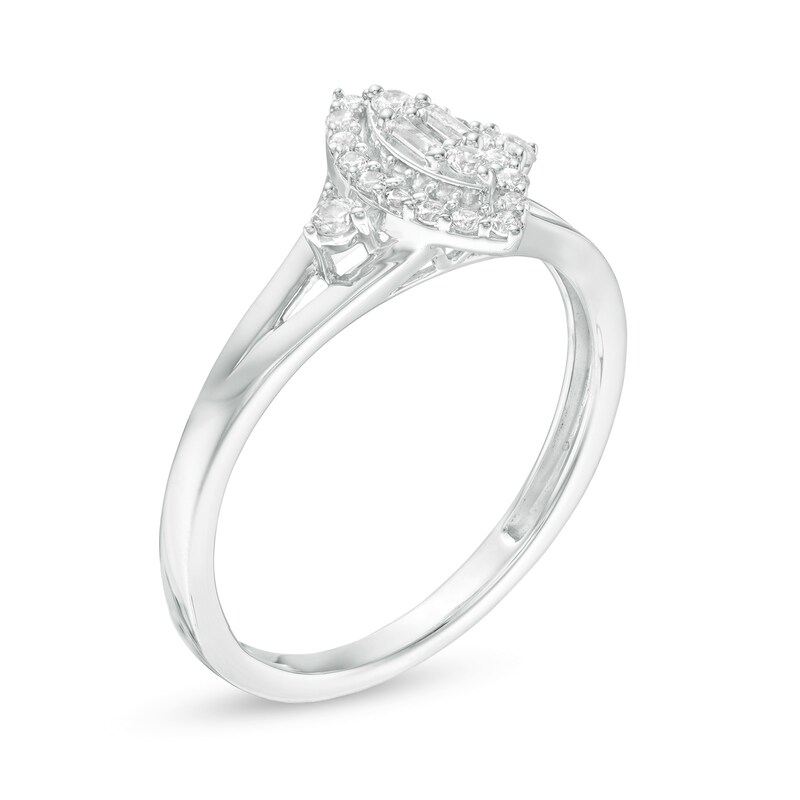 Main Image 3 of 1/4 CT. T.W. Baguette and Round Composite Diamond Marquise Frame Split Shank Ring in 10K White Gold