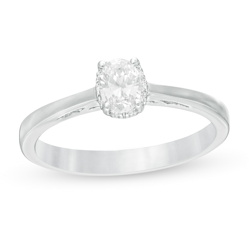 Main Image 1 of Celebration Ideal 1/3 CT. T.W. Oval Certified Diamond Frame Engagement Ring in 14K White Gold (I/I1)